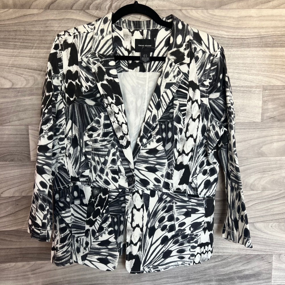 DKNY Jeans Blazer‎ Jacket Womens XL Multicolor Animal Print Button Collar Artsy